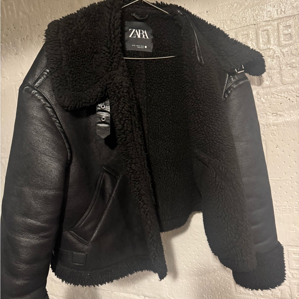 Zara Black Faux Shearling Aviator Jacket